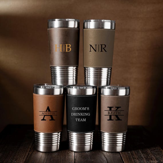 Personalized Tumblers and Mugs, Bachelor Party Gift, Groomsman Coffee Mug, Monogrammed Gift for Men, 20oz Insulated Leather Tumbler 25062001