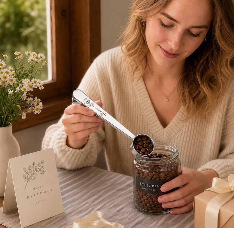 May include: A silver metal coffee scoop with a floral engraving and the name Sharon, held over a clear glass jar filled with dark roasted coffee beans. The jar features a black label with the text Ethiopia Single Origin printed in white.