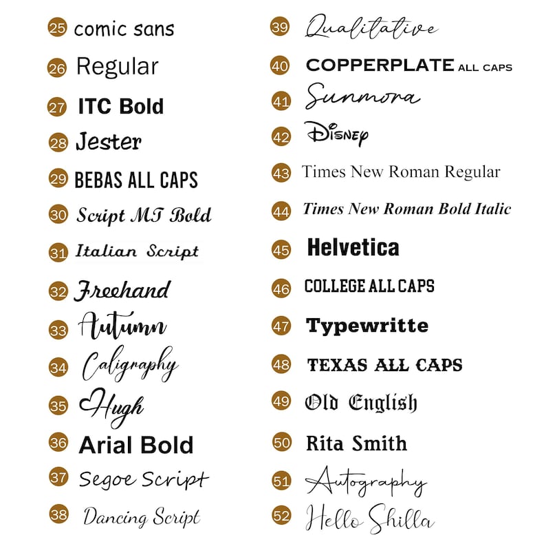 May include: A white background displays a list of font styles in black. The fonts include "comic sans", "Regular", "ITC Bold", "Jester", "BEBAS ALL CAPS", "Script MT Bold", "Italian Script", "Freehand", "Autumn", "Caligraphy", "Hugh", "Arial Bold", "Segoe Script", "Dancing Script", "Qualitative", "COPPERPLATE ALL CAPS", "Sunmora", "Disney", "Times New Roman Regular", "Times New Roman Bold Italic", "Helvetica", "COLLEGE ALL CAPS", "Typewritte", "TEXAS ALL CAPS", "Old English", "Rita Smith", "Autography", and "Hello Shilla".