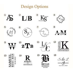 May include: A collection of 16 design options for personalized items, featuring various initials, names, and dates. The designs include monograms, floral wreaths, and text arrangements, ideal for weddings or special events.
