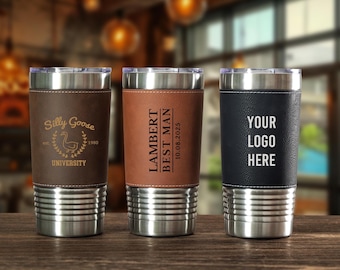 Best Man Tumblers, Engraved Leather Tumblers, Groomsmen Gift, 20oz Insulated Personalized Mug, Company Tumbler, Dad Gift 25050502