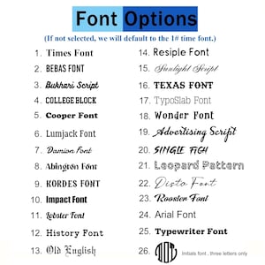 May include: A list of 26 different font options for a monogram. The fonts are listed with numbers 1 through 26. The text "Font Options" is at the top of the list. The text "(If not selected, we will default to the 1# time font.)" is below the title. The last font option is "Initials font, three letters only".