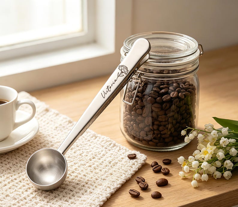 May include: A silver-toned metal coffee scoop with a clip handle featuring the engraved name Victoria and a small floral illustration. The scoop is positioned next to a clear glass jar filled with dark roasted coffee beans.