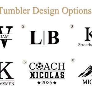 May include: Image showcasing six tumbler design options. Designs include initials, names, and graphics. Text includes "Tumbler Design Options", "WILLIAM", "LIB", "Kendal Straathof", "KEVIN GROOMSMEN", "COACH NICOLAS 2025", and "MICHAEL".