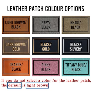 May include: Leather patch color options for a product. The colors include light brown, grey, khaki, dark brown, black, orange, pink, and tiffany blue. The default color is light brown.