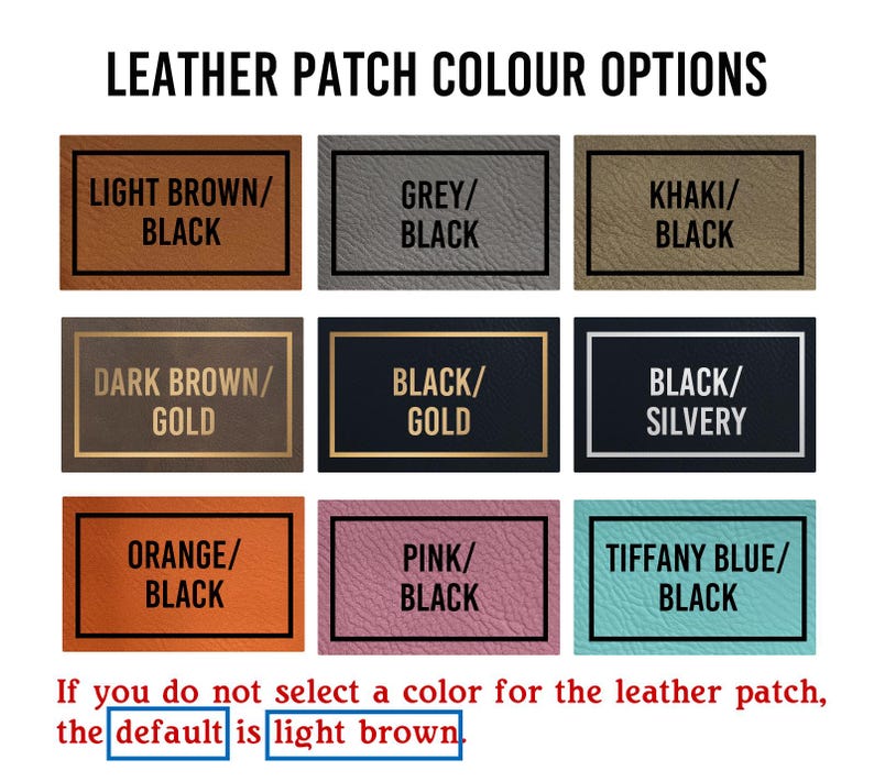 May include: Leather patch color options for a product. The colors include light brown, grey, khaki, dark brown, black, orange, pink, and tiffany blue. The default color is light brown.