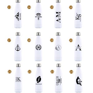 May include: A collection of white insulated water bottles with silver lids. Each bottle features a unique black design, including initials, names, and graphics like an anchor, a football, and a basketball player. Some bottles have text like "COACH TOBI *2025*" and "BEST TEAM EVER".