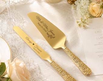 Personalized Wedding Cake Knife and Server Set, Custom Engraved Engagement Gift, Wedding Ceremony Dessert Silverware,  Anniversary Keepsake