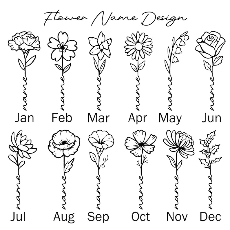 May include: A black and white graphic titled Flower Name Design featuring twelve distinct floral illustrations, each paired with the word name in script and a three-letter abbreviation for each month from January through December.