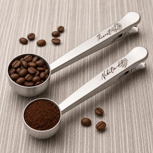 May include: Two silver-toned metal coffee scoops with integrated bag clips on the handles. One scoop is filled with whole coffee beans, and the other contains ground coffee. The handles are engraved with the names Thieret and Nikita.