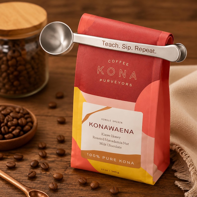 May include: A silver metal coffee scoop clip with the text Teach. Sip. Repeat. attached to a red, yellow, and pink coffee bag labeled Kona Coffee Purveyors Konawaena Single Origin with notes of Kiawe Honey, Roasted Macadamia Nut, and Milk Chocolate.