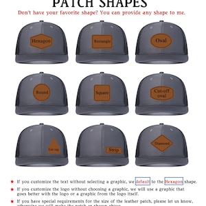 May include: A set of ten different hat patch shapes, including hexagon, rectangle, oval, round, square, cut-off oval, diamond, ear tag, and strip. The patches are made of brown leather and are shown on a gray and black trucker hat.