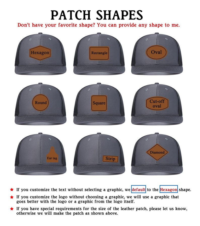 May include: A set of ten different hat patch shapes, including hexagon, rectangle, oval, round, square, cut-off oval, diamond, ear tag, and strip. The patches are made of brown leather and are shown on a gray and black trucker hat.
