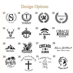 May include: A collection of design options for personalized items. Designs include initials, names, and phrases, such as "Tommy", "Chicago", and "Best Uncle Ever". The designs are in black and white.