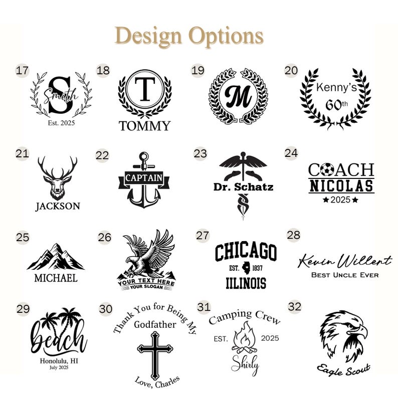 May include: A collection of design options for personalized items. Designs include initials, names, and phrases, such as "Tommy", "Chicago", and "Best Uncle Ever". The designs are in black and white.