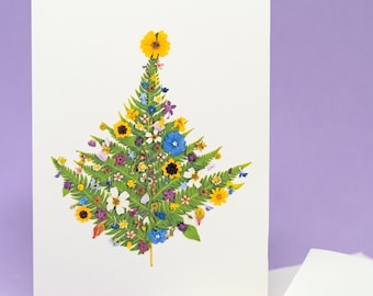 押し花クリスマスツリーカード：花のホリデーグリーティング - Etsy 日本