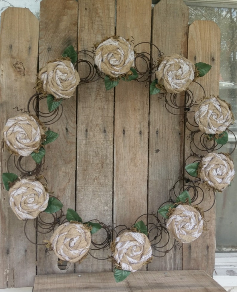 Bed Spring Wreath 22 24 Wreath Repurposed Bed Springs Burlap Roses Rustic Metal Wreath Handcrafted Wreaths Wreaths Door Hangers