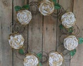 Bed Spring Wreath Repurposed Bed Springs Burlap Roses Rustic Metal Wreath Handcrafted