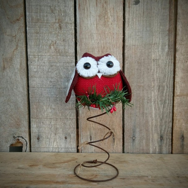 Owl Christmas Tree Topper Bed Spring, Rustic Dark  Red Owl  Holiday Decor