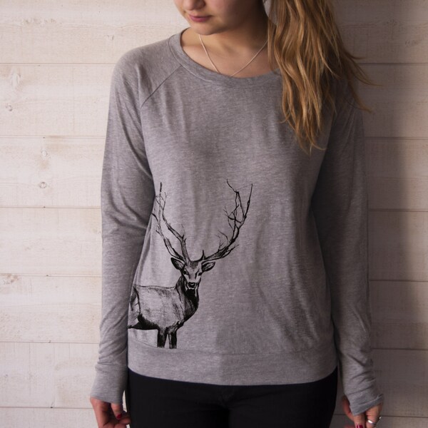 Grey long sleeves shirt/pullover - Deer drawing pattern