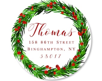 Wreath Round _1 DAY Turnaround_ Personalized Address Labels Stickers 2 circle return address round Christmas Berries C24