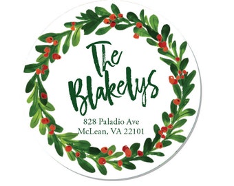 Wreath Round Personalized Address Labels Stickers 2 circle return address round Christmas Berries C12