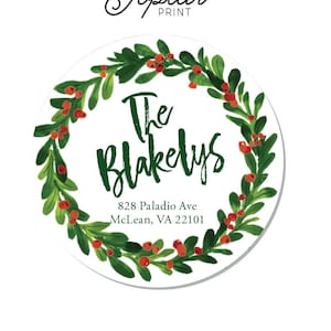 Wreath Round Personalized Address Labels Stickers 2 circle return address round Christmas Berries C12