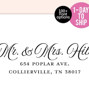 May include: A black and white return address label with the text "Mr. & Mrs. Hill", "654 Poplar Ave.", and "Collierville, TN 38017".