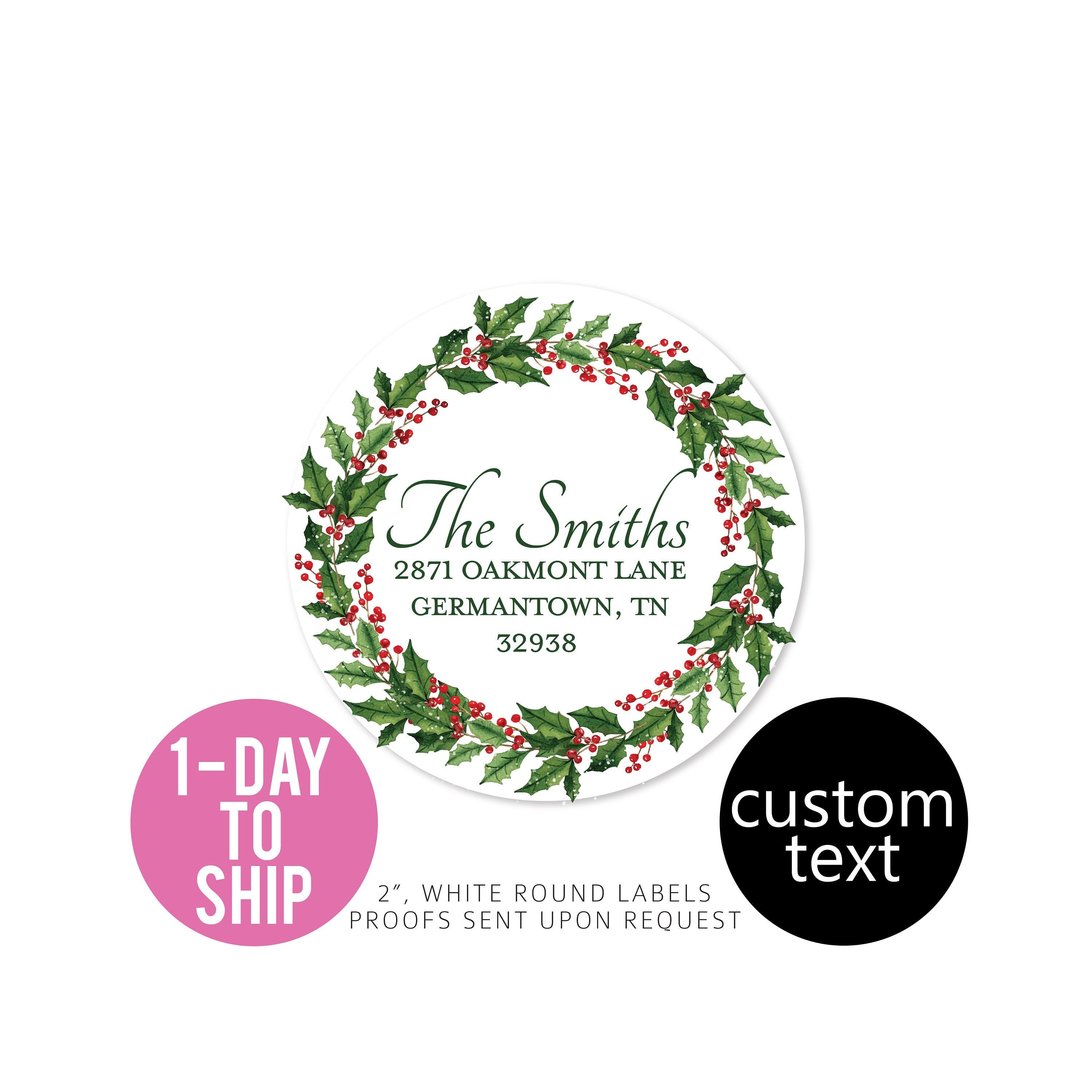 Wreath Round Personalized 1 DAY TURNAROUND Address Labels Stickers 2 circle return address round Christmas Berries Holly
