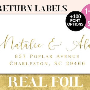 May include: White return address labels with gold foil lettering. The labels feature the names "Natalie & Alan" and address details. Additional text includes "Return Labels", "+100 Font Options", "1-Day to Ship", and "Real Foil".
