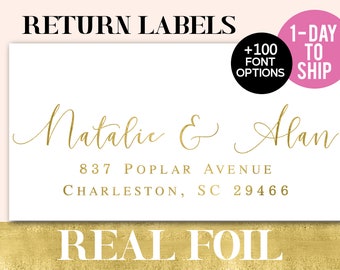 1-2 DAY TURNAROUND Foil Return Address Labels, Transparent  Foiled Gold, Rose Gold, Silver, Blue Foil, Pink Foil Labels