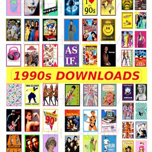 May include: A collection of colorful posters and images with a 1990s theme. The images include movie posters, pop culture references, and text that reads "1990s DOWNLOADS". The posters feature various colors and designs, evoking nostalgia.