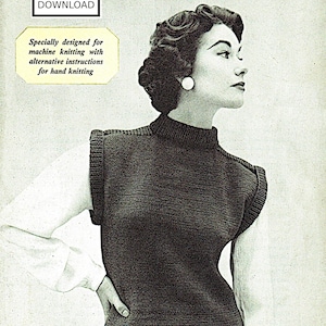 May include: A vintage-style knitting pattern document titled Zenith Archives Premium Download for a sleeveless mock neck sweater. The text specifies double knitting for a bust size of 34 inches to 36 inches, with instructions for machine and hand knitting.