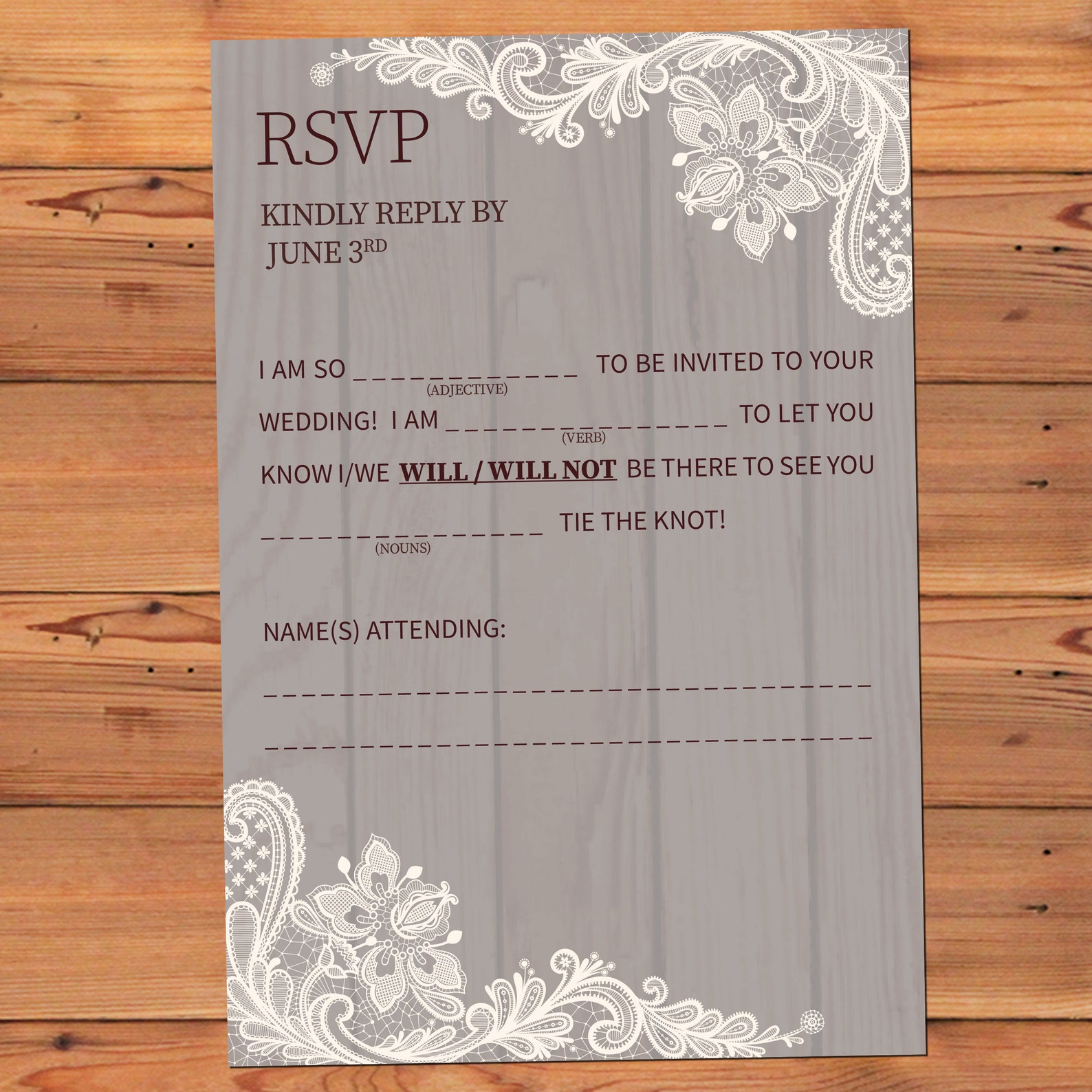 Ad Lib / Mad Lib Wedding RSVP Customized Rustic RSVP Etsy