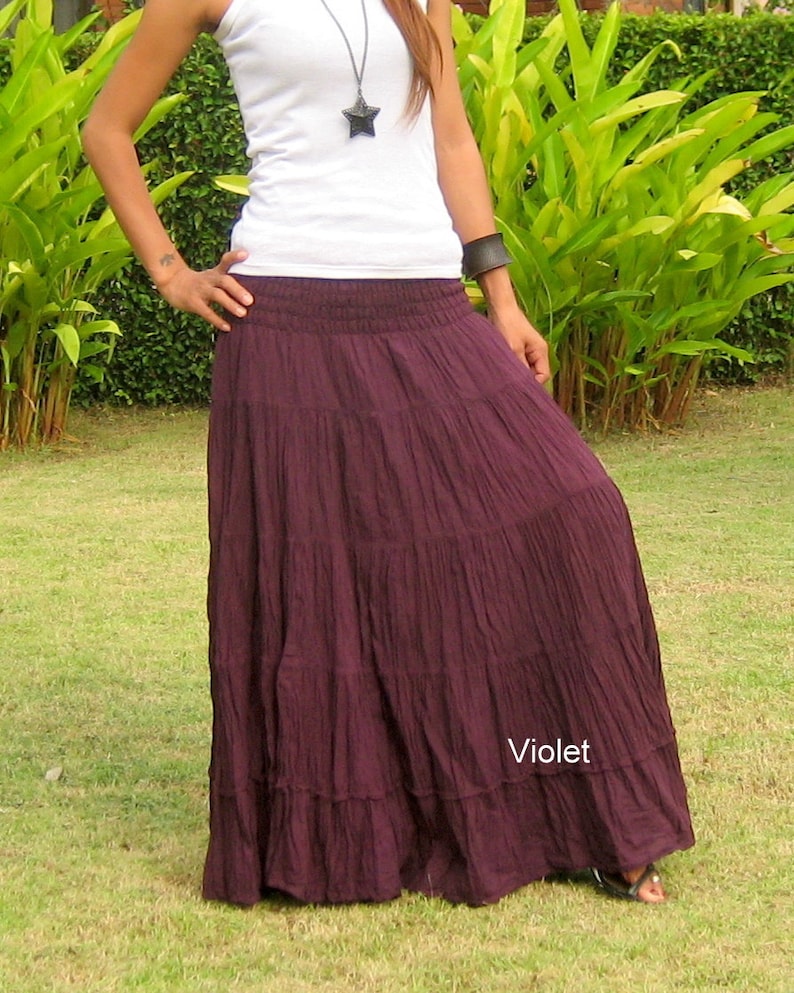 Cotton Maxi Skirt Elastic Smocked Waist Boho Skirt Long Skirts for Women Long Hippie Skirt Bohemian Skirt Tiered Solid ColorSL Violet