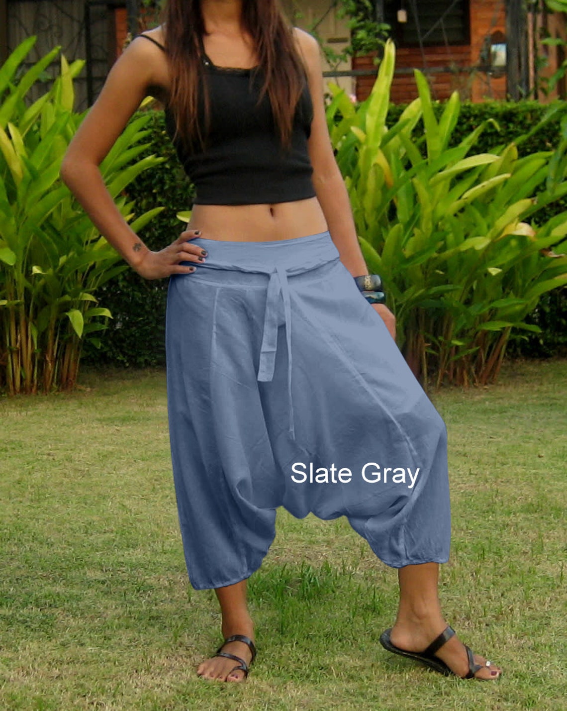 Relaxed Vintage Striped Denim Capri Harem Pants