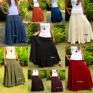 Cotton Maxi Skirt Elastic Smocked Waist Boho Skirt Long Skirts for Women Long Hippie Skirt Bohemian Skirt Tiered Solid ColorSL image 1