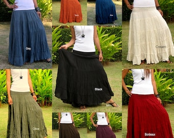 Cotton Maxi Skirt * Elastic Smocked Waist * Boho Skirt * Long Skirts for Women * Long Hippie Skirt * Bohemian Skirt * Tiered *Solid Color*SL