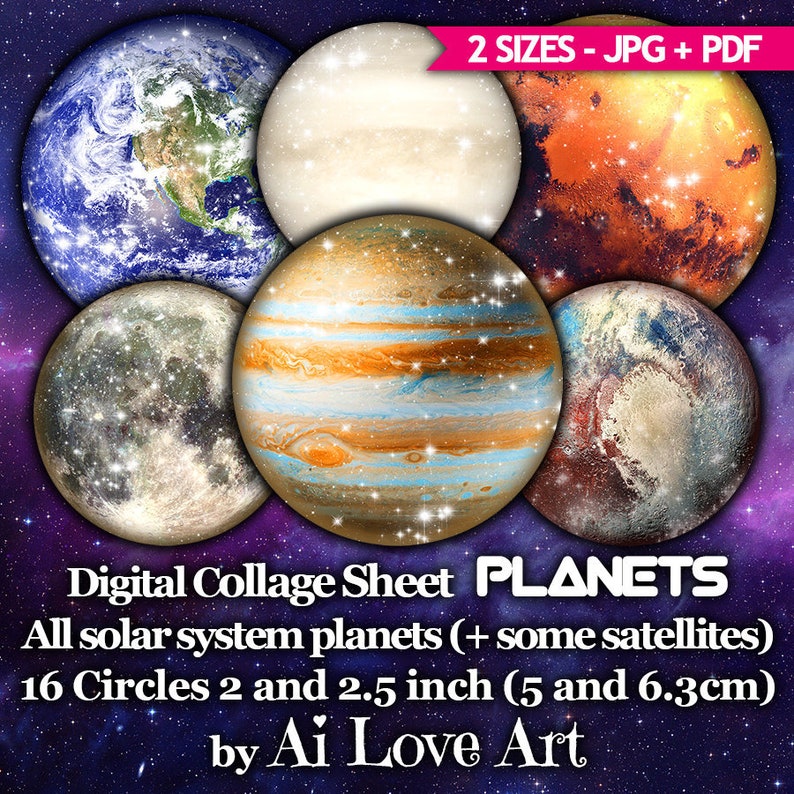 Solar System Planets Digital Collage Sheet Circle 2 Inch 25 Inch Instant Download Printable Images For Cupcake Toppers