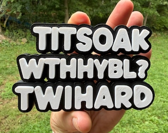 May include: A three-dimensional sign featuring white raised lettering on a black background. The text is arranged in three rows reading TITSOAK, WTHHYBL?, and TWIHARD. The letters have a textured surface and rounded edges.