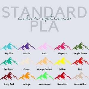 Puede incluir: Gr&aacute;fico que muestra opciones de color para PLA. La imagen presenta siluetas de monta&ntilde;as en varios colores, incluyendo Azul cielo, P&uacute;rpura, Rosa, Magenta, Verde jungla, Verde mar, Crema, Sorbete naranja, Amarillo, Rojo, Rojo rub&iacute;, Naranja, Verde ne&oacute;n, Rojo ne&oacute;n y Blanco hueso.