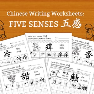 Cinco sentidos - Planilhas de escrita chinesa para crianças - Chinês básico 20 páginas DIY para impressão - DOWNLOAD INSTANTÂNEO