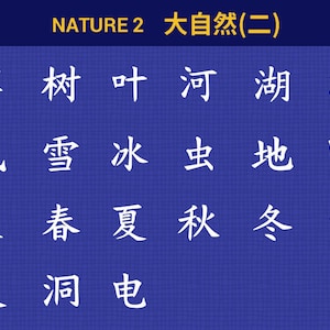 May include: A blue background with white Chinese characters, the text reads "NATURE 2 大自然(二)" and includes words like "grass", "tree", "leaf", "river", "lake", "sea", "wind", "snow", "ice", "insect", "earth", "field", "star", "spring", "summer", "autumn", "winter", "thunder", "sky", "cave", and "electricity".