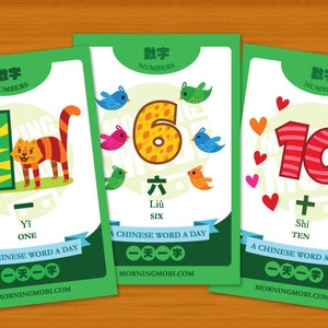 Chinese Numbers Flashcards 1 to 10 - green version - DIY Printable - Instant Download