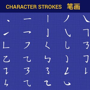 May include: A chart showing different character strokes used in Japanese calligraphy. The strokes are written in white on a blue background. The text "CHARACTER STROKES 笔画" is at the top of the chart.