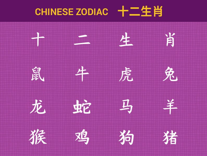 May include: A purple background with white Chinese characters representing the 12 Chinese zodiac animals. The characters are arranged in a grid of four rows and four columns. The text "CHINESE ZODIAC 十二生肖" is at the top of the image.