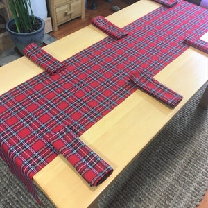 Tartan Table Runner and 6-8-12  Napkins. Christmas Table Decoration. Red Royal Stewart Tartan. Poly- viscose fabric. Can be customised.