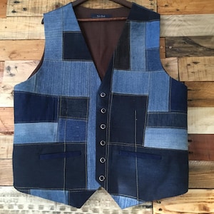 Made to order Denim Waistcoat. made to measure. Sustainably made from repurposed denim fabric. Patchwork waistcoat