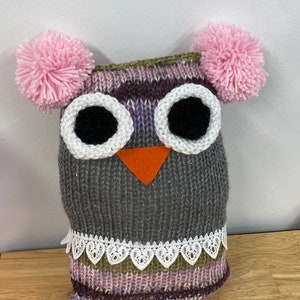 May include: Hand-knitted owl-shaped hat with pink pom-poms, white lace trim, and an orange felt beak. The owl's eyes are large with black pupils and white outlines. The hat is primarily gray with purple and green accents.