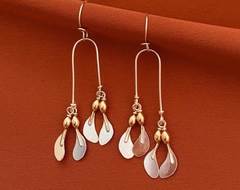 Maple Seed Earrings, Handmade Helicopter Seed Earrings, Brass Silver Dainty Dangly Artisan Earrings, Light Weight Long Handmade Earrings,